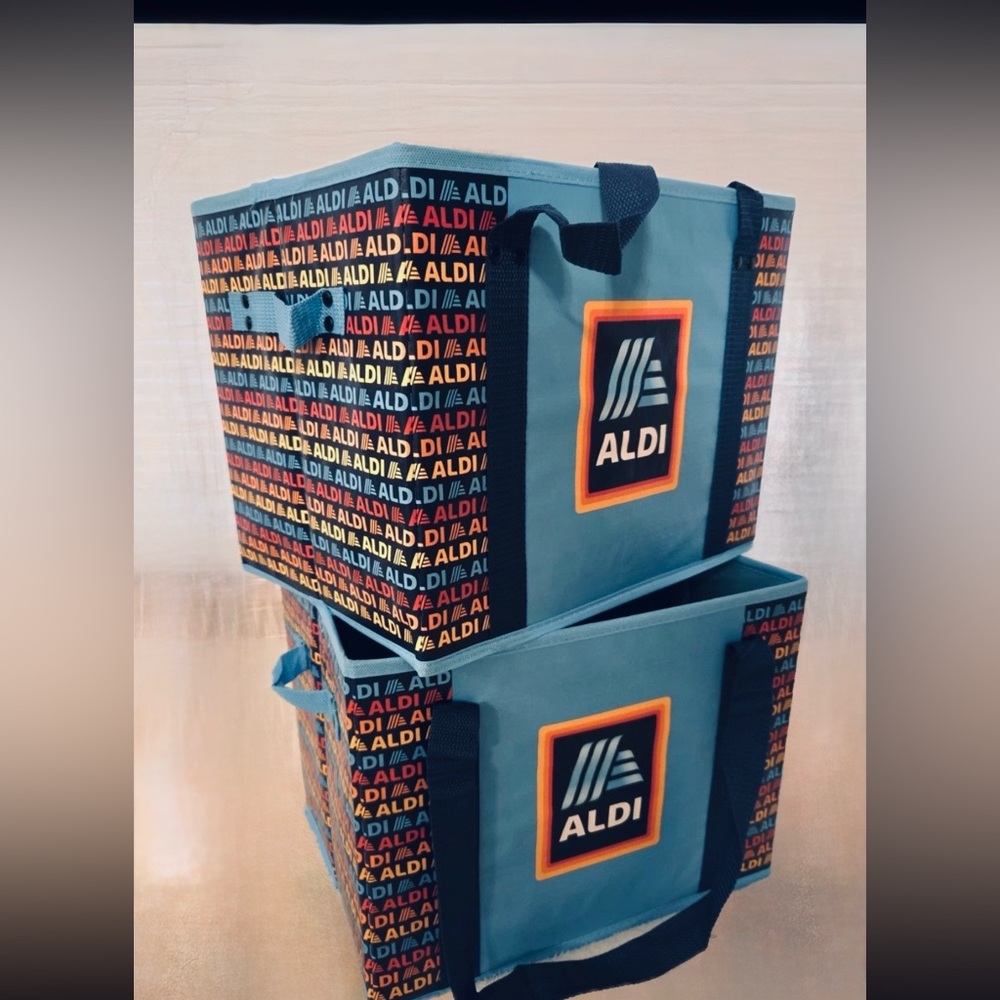 2 ALDI Grocery Collapsible Box Bags 14x10x11 Blue Aldi Logo And Rainbow New